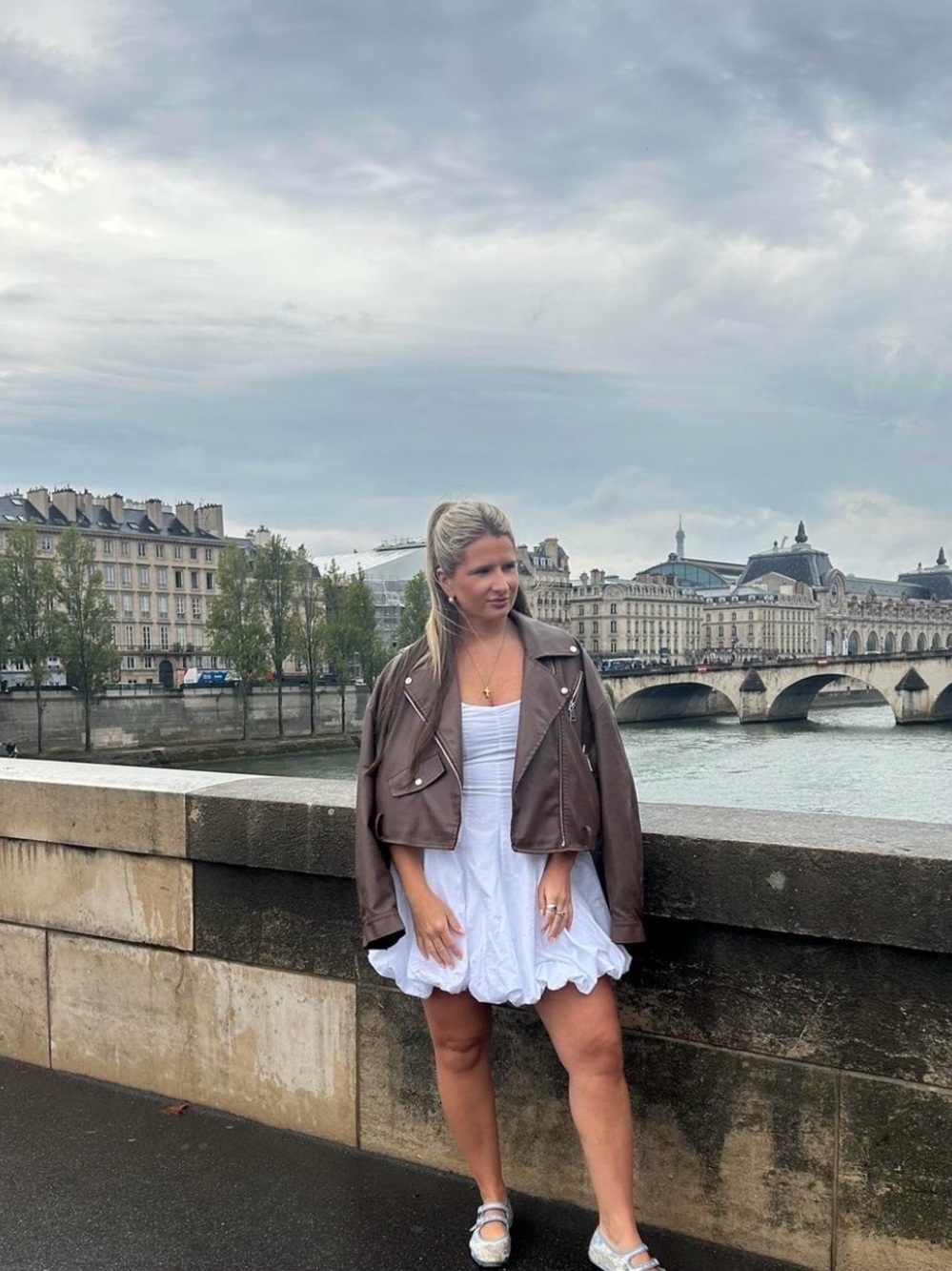 White Mini Dress with Brown Leather Moto Jacket